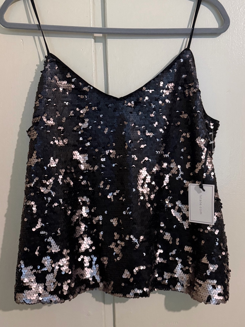 New large 1. State Black Sequin top. Lined. Pullover. adjustable straps